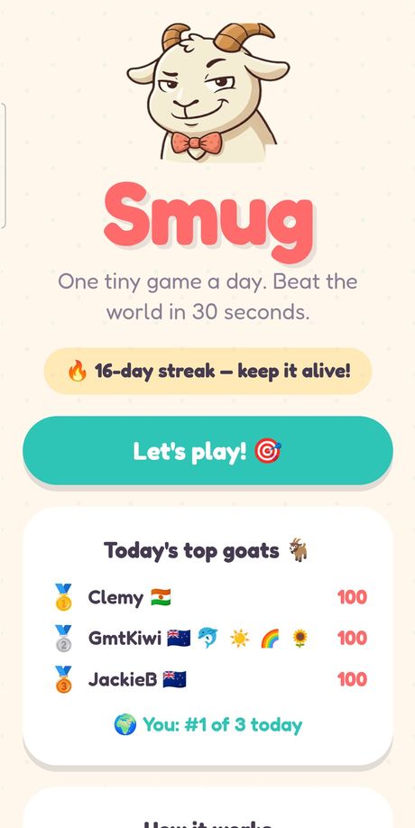 The Smug home screen on a phone: the goat mascot, a 16-day streak, a Let's play button and today's top three players.