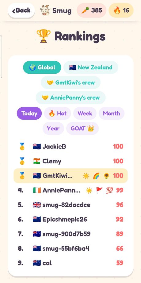 The Smug rankings screen on a phone: global, national and crew boards with medals and flags beside each player's name.