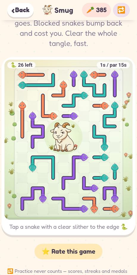 Snake Escape running on a phone: teal, purple and peach snakes tangled in a grid around the goat, waiting to be tapped free.