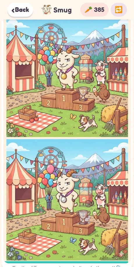 Spot the Difference running on a phone: two illustrated fairground scenes stacked, with the goat and hidden changes between them.