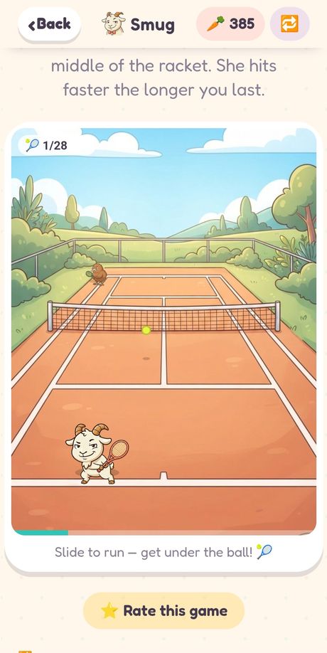 Goat Rally running on a phone: the goat with a coral racket on a sunlit tennis court, rallying against Jackie the kiwi across the net.